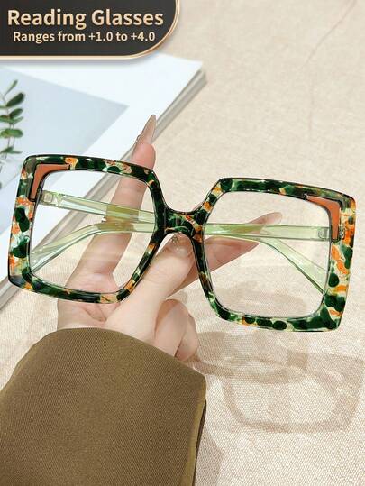 LiMiaoMiao 1pc Oversized Square Vintage Reading Glasses For Men & Women, Clear Lens, Computer/Reading Magnifier Glasses, +1.0 To +4.0 Magnification