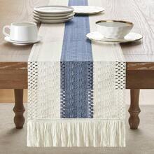 1pc Bohemian Style Tassel Table Runner, Suitable For Home Decor, Farmhouse, Country Style Dining Table, Living Room Tablecloth - Blue - View 3