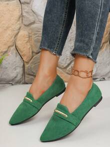 43 Wide Fit Pointed Toe Slip-On Flats With Gold Stripe Decor, Comfortable Casual Ballet Flats For Daily Outdoor Wear, Spring/Autumn - Green - View 4