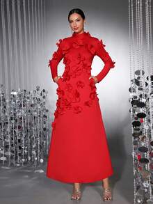 Váy maxi dài tay đính nơ họa tiết hoa 3D thanh lịch dành cho nữ, thích hợp cho ngày lễ tình nhân, phù dâu, dạ hội trang trọng - Đỏ - Xem 3