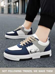 Flipark [Recommend Taking One Size Smaller] Men's Fashion Contrast Color Random Print Lace-Up Casual Flat Sneakers, Personalized Patchwork Outdoor Casual Sports Shoes, Couple Shoes