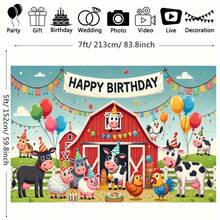 2D 1 Stück Bauernhof Tier Geburtstags Party Hintergrund - Lebendiger Polyester Foto Hintergrund, beinhaltet Scheune, Kuh, Huhn und Luftballons, geeignet für Heim, Garten oder Hoffeierlichkeiten, Mehrzweck Wanddekoration, ohne Strombedarf, Kuh Dekoration