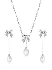 1 套奢华 S925 纯银蝴蝶结养殖珍珠和立方氧化锆项链和耳环套装，情人节、派对、日常佩戴的优雅珠宝礼物，配有精致礼品盒