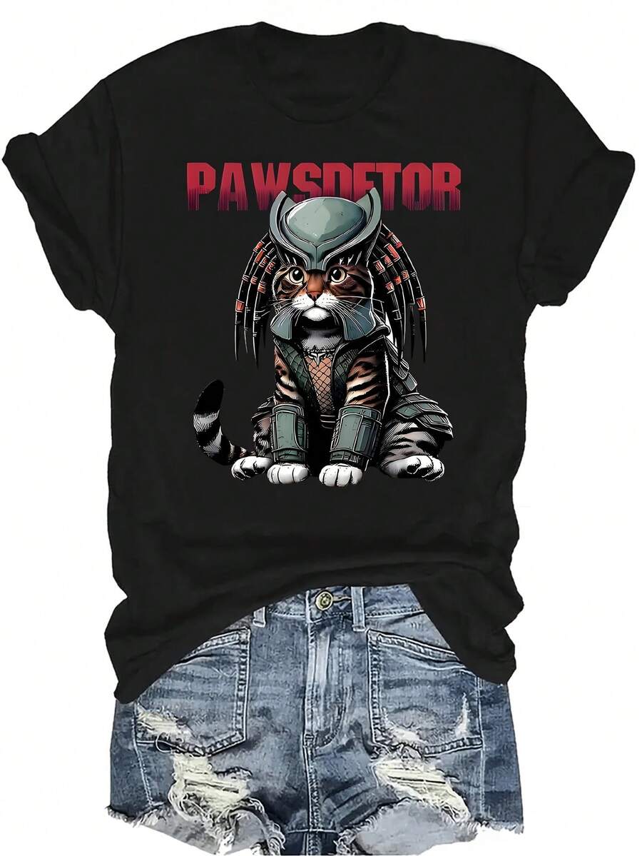 Camiseta con estampado de gato, unisex, de verano, casual, transpirable, de personalidad, cuello redondo, manga corta, ropa de calle, versátil, adecuada para adolescentes y adultos - Negro - Ver 1