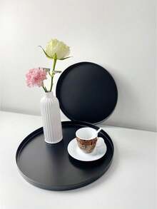 1 Stück schwarzes rundes Tablett, schlicht & Aufbewahrung für Zuhause & Blumentopfuntersetzer & Kerzenteller