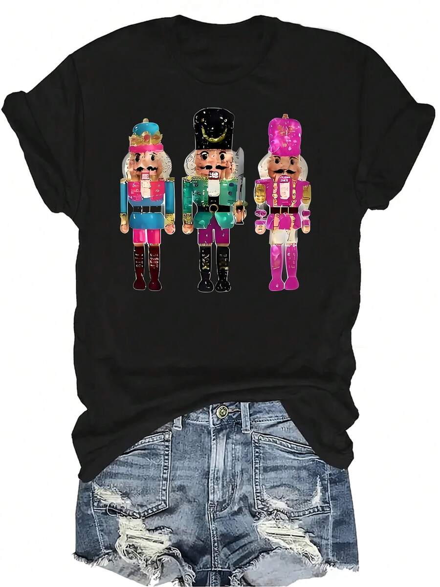Camiseta de Cascanueces Unisex de verano, casual, transpirable, de personalidad, cuello redondo, manga corta, ropa de calle, versátil, adecuada para adolescentes y adultos - Negro - Ver 1