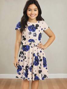 Youth Evangelical Party Children's Dress With Luxury Belt - 藍色 - 查看 3