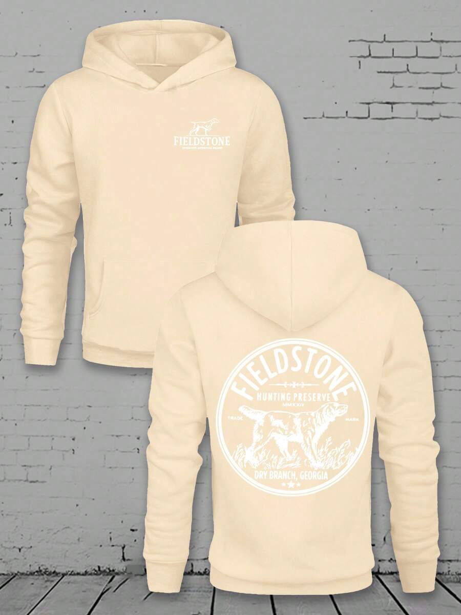 Men's Loose Casual Hooded Sweatshirt, Hunting Preserve Logo Graphic, Polyester, Comfortable For Autumn, Dry Branch Georgia Design - Màu be - Xem 1