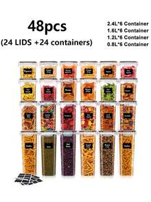 12/24/48pcs Christmas Decorations For Home,Candy Jars With LIDS, Plastic Food Jars, Plastic Food Storage Jars, Sugar, Cereal, Rice, Flour And Oatmeal Food Jars, Labels, Markers, Dishwasher, Household Kitchen Items,Vanity,Kitchen Decor And Accessories - 黑與白 - 查看 11