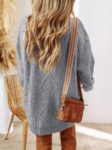 Acelitt Autumn/Winter Women's Solid Color Knitted Textured Pattern Dropped Shoulder Oversized Sweater Dress, Order One Size Down - Grey - View 3