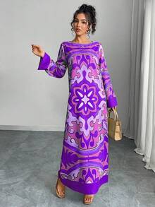 Middle Eastern Style Women's Abaya Dress, Round Neck, Color Block Print, Long Loose Fit Long Sleeve Ruffle Cuff, Elegant, Vacation Vibe, Holiday, Autumn/Winter Casual Maxi Dress, Evening Gown