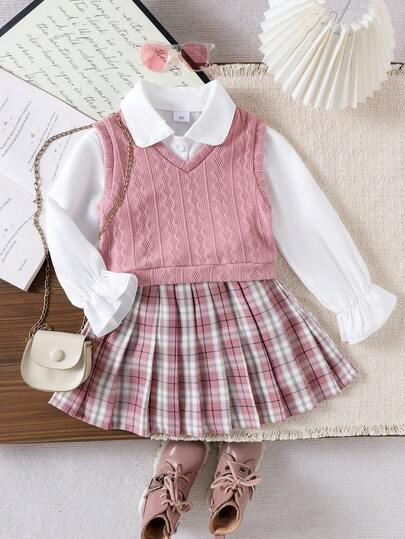 3pcs/Set Girls Cute Academic Style Pullover Vest, Solid Color Shirt, Pleated Mini Skirt Outfit, Spring/Autumn
