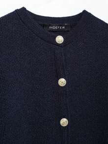 DEEKA Women's Fashionable Casual Minimalist Gold Button Accent Knit Cardigan, Spring/Autumn - Navy Blue - View 4