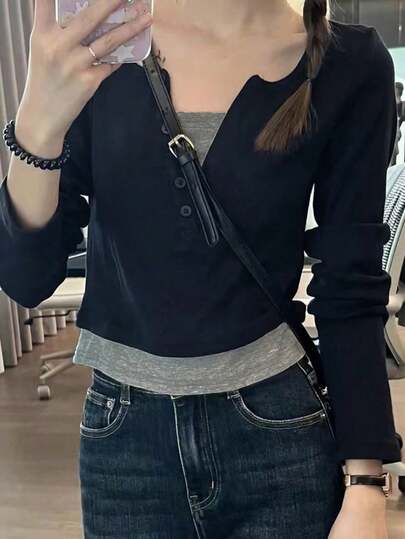 女款撞色拼接长袖T恤，秋季，修身短款套头衫