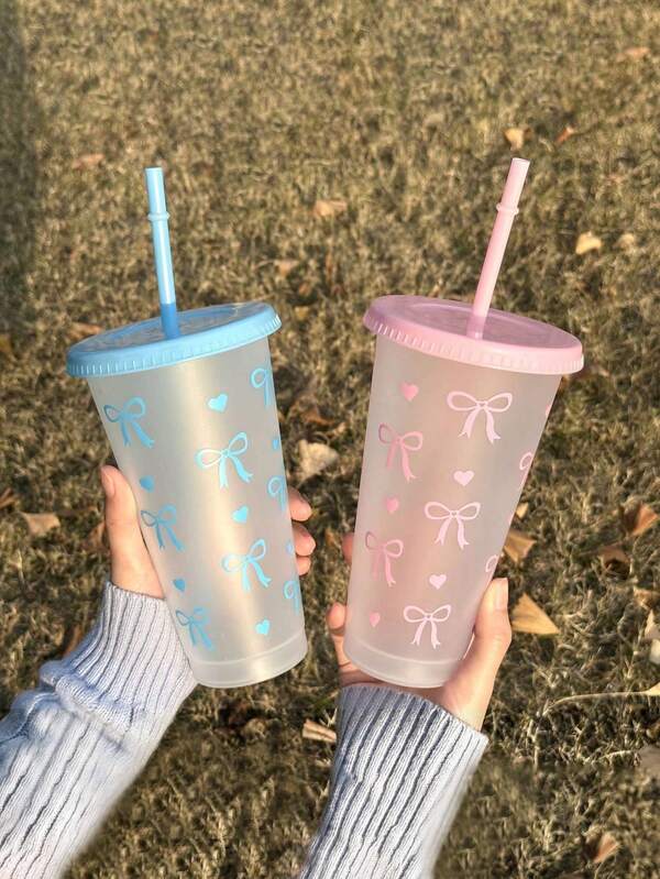 12pcs Reusable Plastic Cups With Pink Ribbons, 24oz Pink Blue Bow Plastic Cups With Lid And Straw, Cute Clear Plastic Cups, Plastic Cups, Summer Beverage Cup, For Birthday, Wedding And Party Supplies, Great For Parties, Drinking, Coffee, And For Mother's Day, Weddings, Birthdays, Bachelorette Parties Or Gifts,