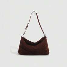 Niche Design 新款绒面绒休闲手提包，大容量，宽肩带，单肩斜挎包， - 咖啡棕 - 查看 2