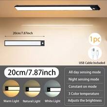 1 pieza Luz de gabinete con sensor de movimiento LED, 3 temperaturas de color (luz blanca, luz natural, luz blanca cálida) con brillo ajustable, luz de carga inalámbrica USB