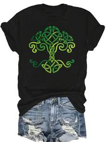 Camiseta con estampado del árbol de la vida, unisex, de verano, casual, transpirable, de cuello redondo, de manga corta, ropa de calle, versátil, adecuada para adolescentes y adultos - Negro - Ver 1