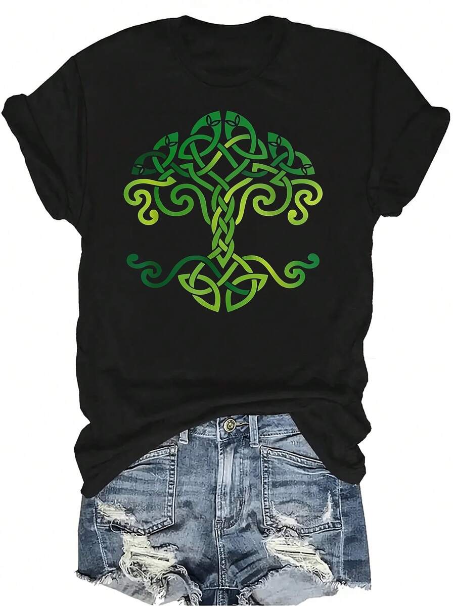 Camiseta con estampado del árbol de la vida, unisex, de verano, casual, transpirable, de cuello redondo, de manga corta, ropa de calle, versátil, adecuada para adolescentes y adultos - Negro - Ver 1