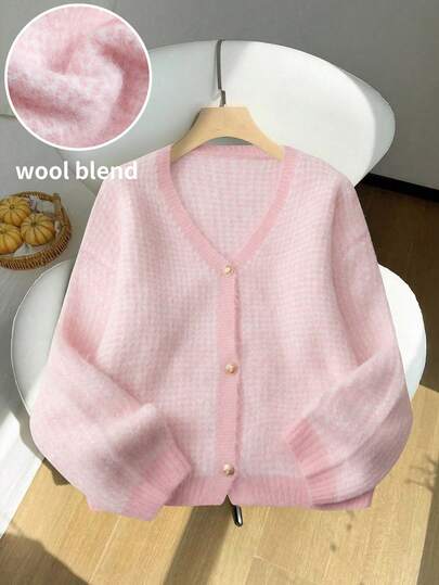 大码女式针织撞色饰边纽扣罗纹开衫