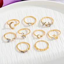 9-Piece Set/Love Butterfly Star Moon Ring Diamond Heart-Shaped Leaf-Shaped Ring, Ladies' Light Luxury High-Quality Alloy Splicing Ring, Suitable For Girlfriends And Besties Gifts - 金色 - 查看 4