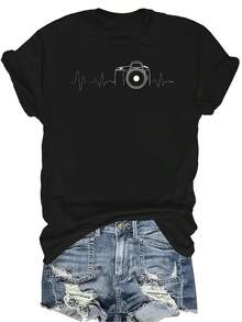Camiseta con diseño de cámara, unisex, de verano, casual, transpirable, con cuello redondo, de manga corta, ropa de calle, versátil, adecuada para adolescentes y adultos - Negro - Ver 1