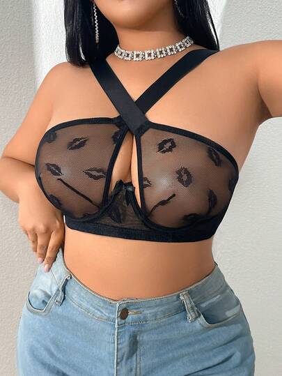 1 pieza Sujetador cómodo de talla grande para mujer con copa fina, unicolor y tirantes cruzados