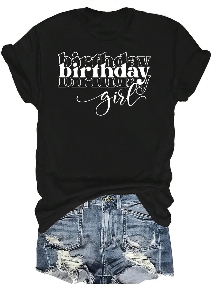 Camiseta de letra de cumpleaños para niñas, unisex, de verano, casual, transpirable, de personalidad, de cuello redondo, de manga corta, de ropa urbana, versátil, adecuada para adolescentes y adultos - Negro - Ver 1