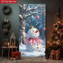 1pc,2D Flat The Fairy Tale Elf Snowman Christmas Curtain Presents An Elf Snowman Wearing A Crown, Wings And Holding A Magic Wand, With The Decoration Of The Snow Scene Of The Woods, Adapting To The Living Room, Creating A Dreamy And Sweet Christmas Atmosphere.