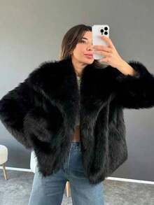 Faux Fur Fluffy Warm Long Sleeve Autumn/Winter Jacket - Black - View 7