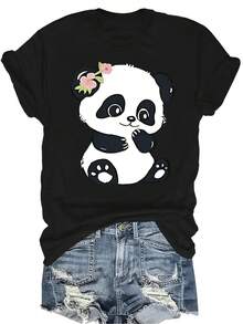 Una camiseta con diseño de panda lindo, unisex, de verano, casual, transpirable, con cuello redondo, manga corta, estilo urbano, versátil, adecuada para adolescentes y adultos - Negro - Ver 1
