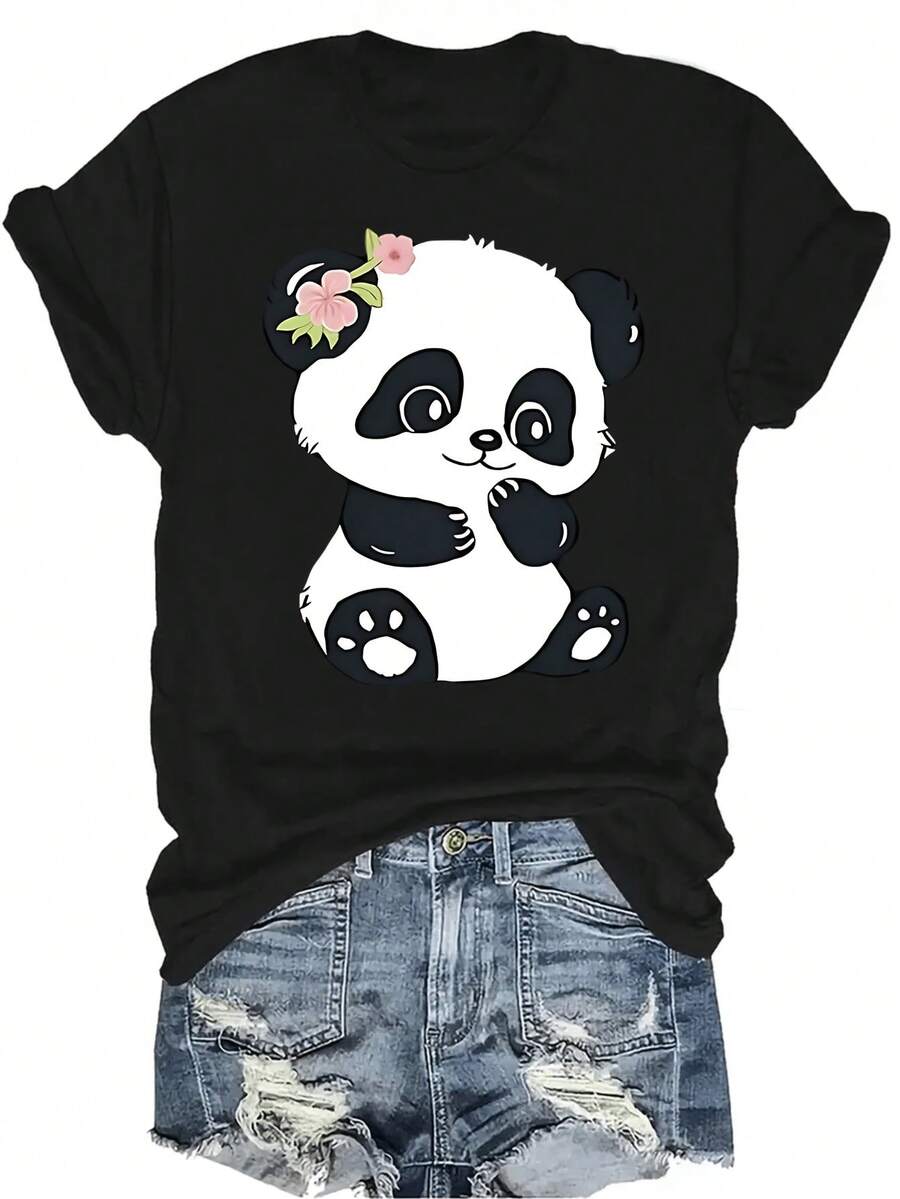 Una camiseta con diseño de panda lindo, unisex, de verano, casual, transpirable, con cuello redondo, manga corta, estilo urbano, versátil, adecuada para adolescentes y adultos - Negro - Ver 1
