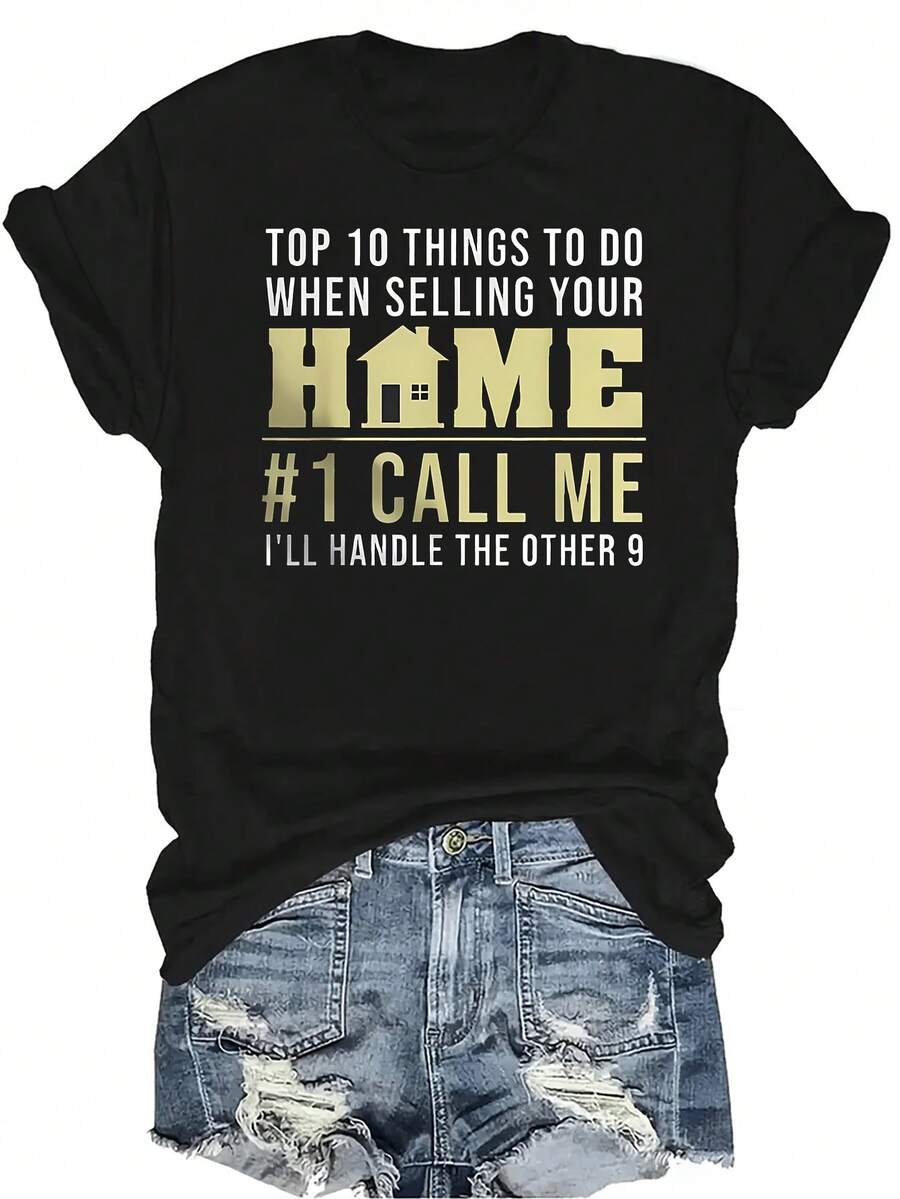 Camiseta fresca de agente inmobiliario, unisex, de verano, casual, transpirable, con personalidad, cuello redondo, manga corta, ropa de calle, versátil, adecuada para adolescentes y adultos - Negro - Ver 1