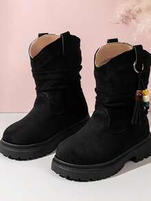 New Brown Colorful Beaded Pendant Decorated Girls Short Boots, Simple Slip-On Comfortable Back-To-School Children's Boots, Quality Faux Suede Material, Cozy Lining And Thick Soft Sole, Suitable For 4-18 Years Old Kids, Versatile Mid-Calf Boots For All Seasons