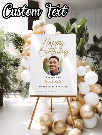 1枚 - 誕生日パーティーポスター 名入れ、カスタマイズ可能な誕生日パーティーウェルカムサイン、写真付き誕生日ウェルカムポスター、名前と日付のカスタマイズ、フォトキャンバスポスター、モダンなプラチナウェルカム誕生日ポスター、ミニマリストな誕生日パーティーサイン、カスタマイズ可能なテキストとウォールアート