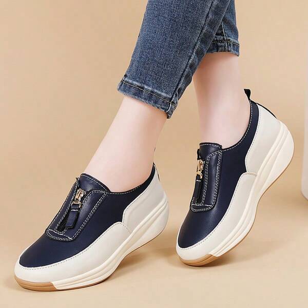 Zapatos de trabajo para mujer, zapatos de cuero con cremallera, zapatos planos casuales de talla grande