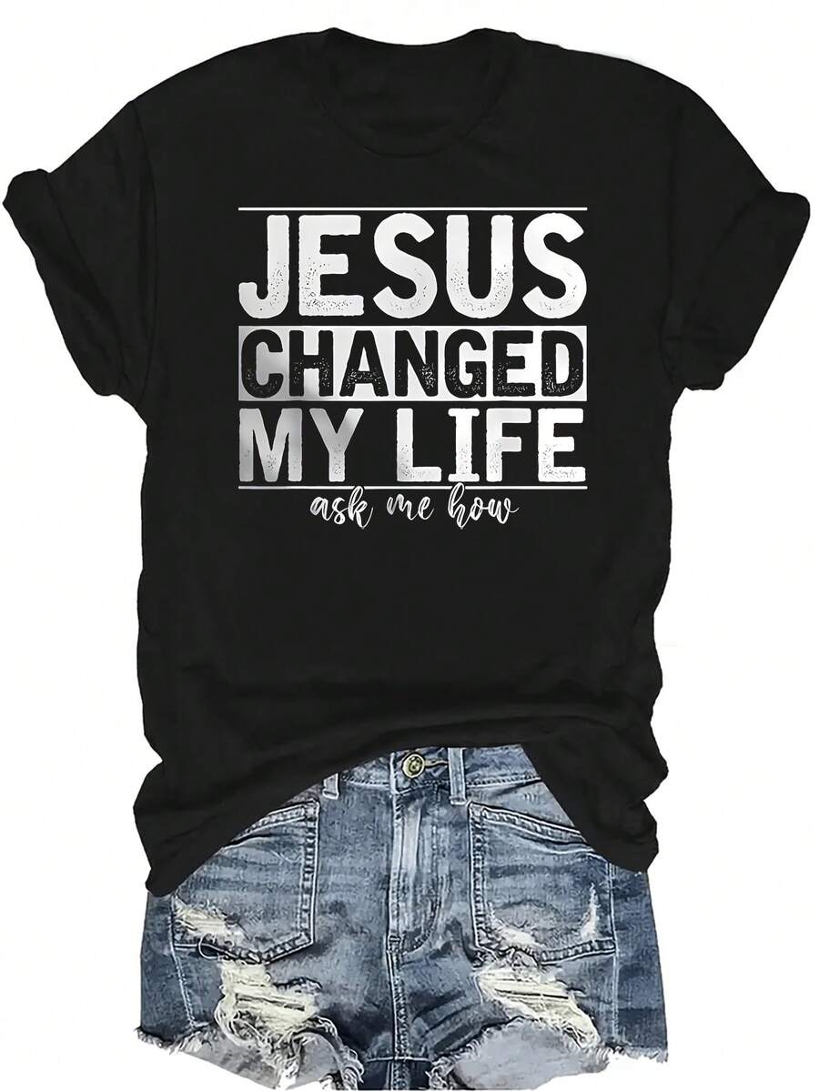 Camiseta con el mensaje "Un cristiano Jesús que cambió mi vida" Unisex, de verano, casual, transpirable, con personalidad, cuello redondo, manga corta, ropa urbana, versátil, adecuada para adolescentes y adultos - Negro - Ver 1
