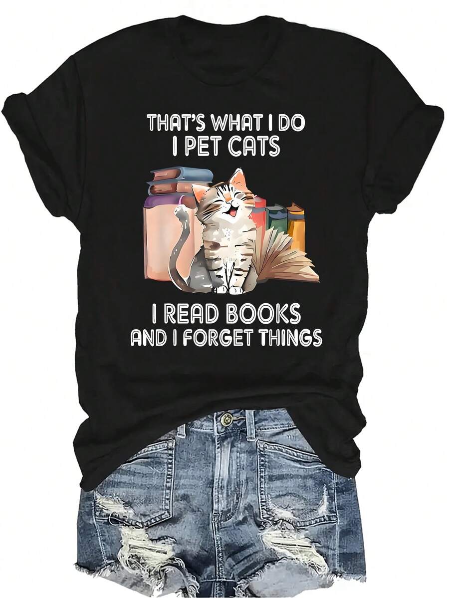 Camiseta con diseño de gato leyendo libros, unisex, de verano, casual, transpirable, de cuello redondo, de manga corta, ropa de calle, versátil, adecuada para adolescentes y adultos - Negro - Ver 1
