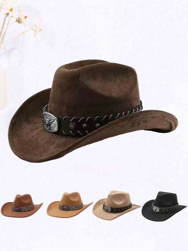 1pc Unisex New Faux Leather Cowboy Hat With Star Beaded Decor, High-Quality Suede Material Wide Brim Hat, Fashion Minimalist European & American Style Western Cowboy Hat, Suitable For Daily Wear, Western Themed Events, Birthday Parties, Music Festivals, Horseback Riding And More Occasions