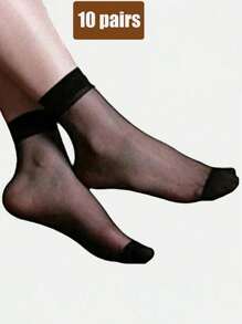 10 pares de medias cortas transparentes para mujer, en color negro y nude, ligeras para primavera/verano, calcetines cortos casuales transparentes (Sin tarjeta) - Negro - Ver 1