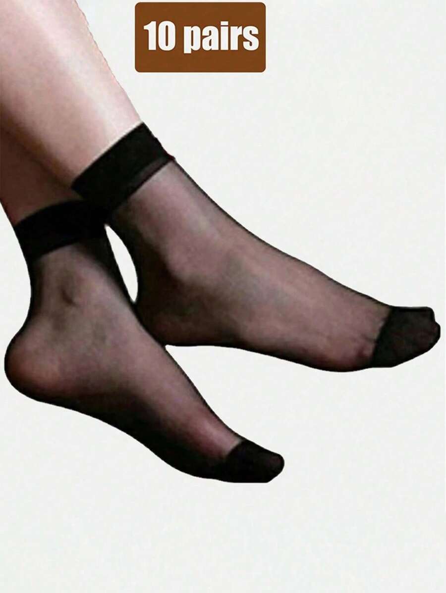 10 pares de medias cortas transparentes para mujer, en color negro y nude, ligeras para primavera/verano, calcetines cortos casuales transparentes (Sin tarjeta) - Negro - Ver 1
