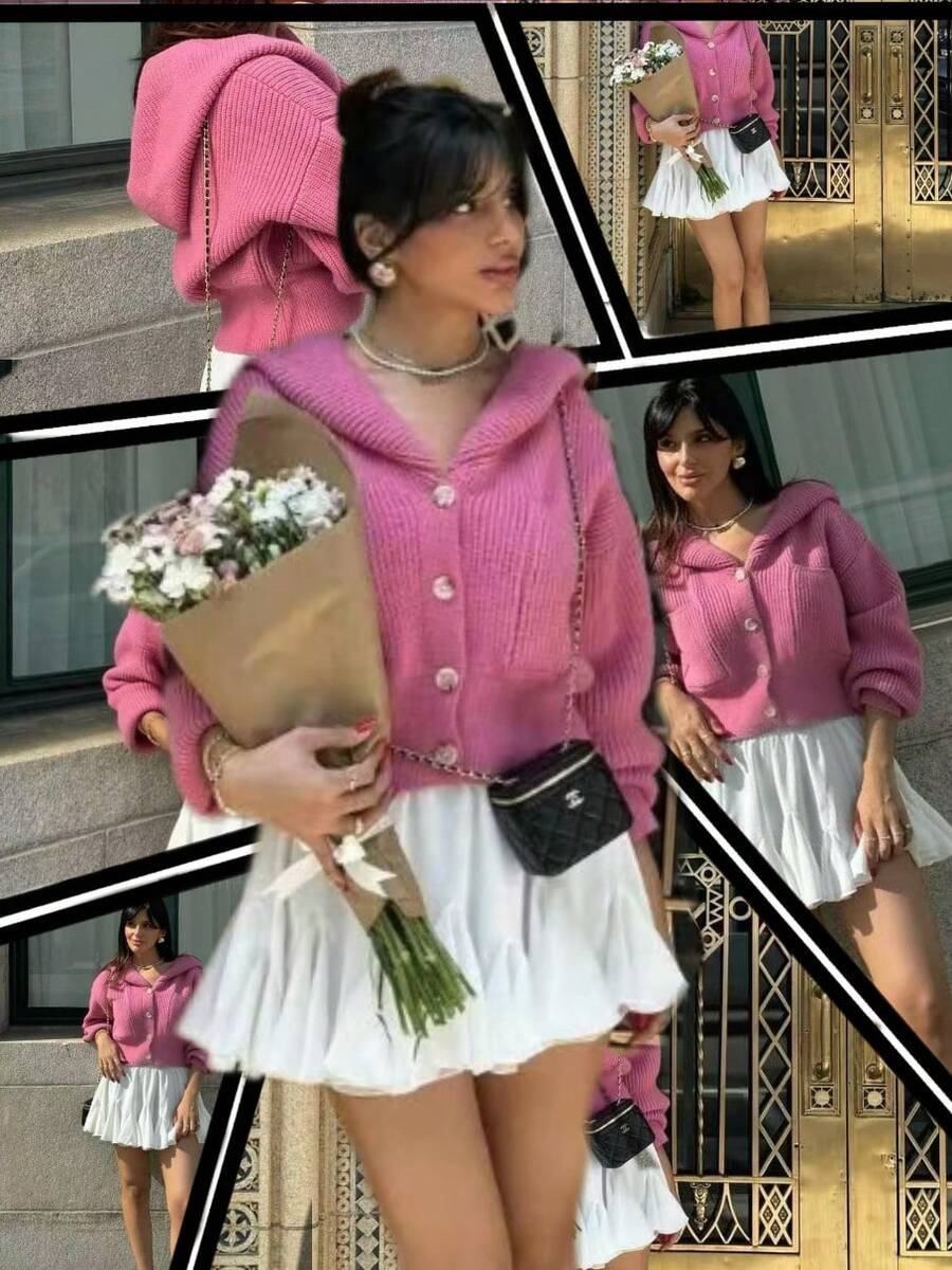 Áo len cardigan nữ Joy Knit thời trang thu đông mới, trở lại trường, giản dị tối giản đa năng, áo khoác cardigan dệt kim cài nút túi lớn có mũ rộng rãi, công sở cho nữ đi chơi du lịch sân bay - Màu Hồng San hô - Xem 1
