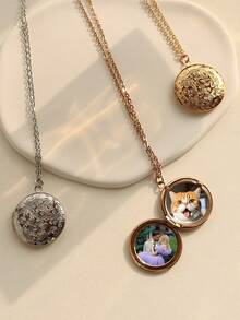 1 pieza Collar con dije de medallón redondo personalizado de color dorado, collar con medallón para fotos, colgante con caja de fotos, dije conmemorativo, mejor regalo - Multicolor - Ver 4