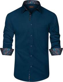 Mens Dress Shirts Long Sleeve Dress Shirts For Men Inner Contrast Button Down Casual Shirts For Men Big And Tall-20256688 - F# 綠色花卉 - 查看 1