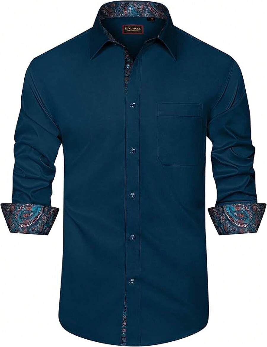 Mens Dress Shirts Long Sleeve Dress Shirts For Men Inner Contrast Button Down Casual Shirts For Men Big And Tall-20256688 - F# 綠色花卉 - 查看 1