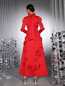 Váy maxi dài tay đính nơ họa tiết hoa 3D thanh lịch dành cho nữ, thích hợp cho ngày lễ tình nhân, phù dâu, dạ hội trang trọng - Đỏ - Xem 7