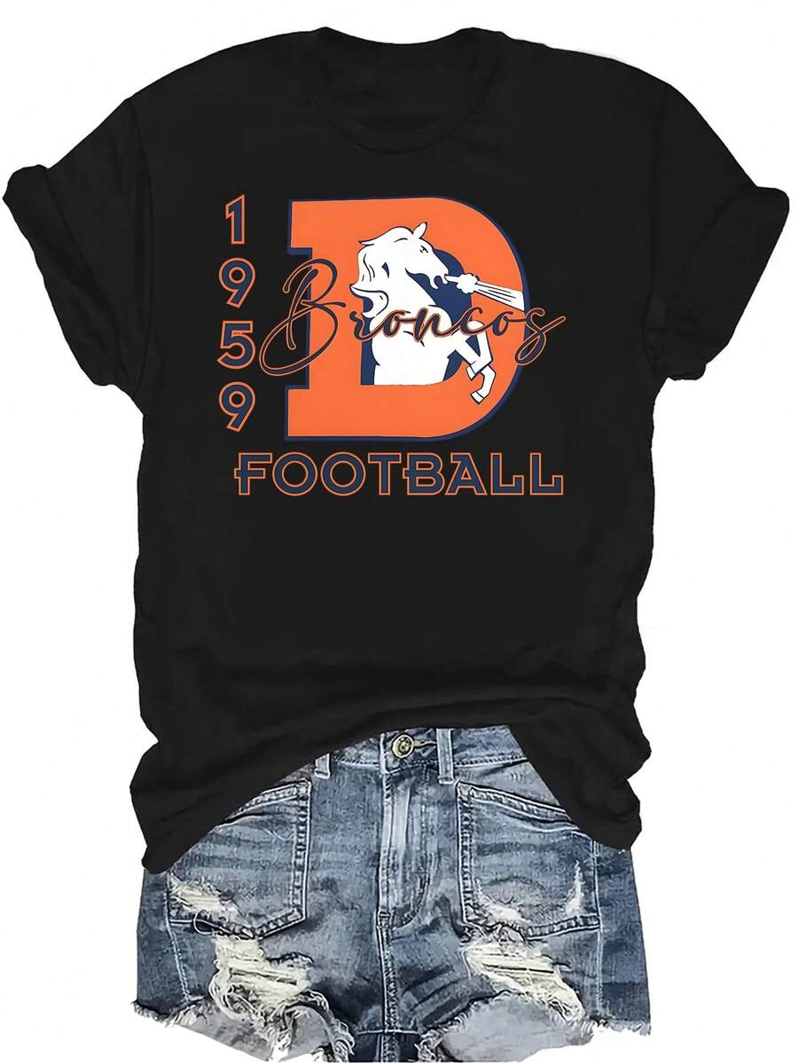 Camiseta de fútbol de Denver, unisex, de verano, casual, transpirable, de personalidad, cuello redondo, manga corta, ropa de calle, versátil, adecuada para adolescentes y adultos - Negro - Ver 1