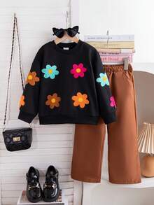 2pcs Young Girl Casual Floral Print Long Sleeve Crew Neck Black Sweatshirt And Khaki Straight Leg Pants Set, Suitable For Daily, School, Outdoor, Commuting, Sports