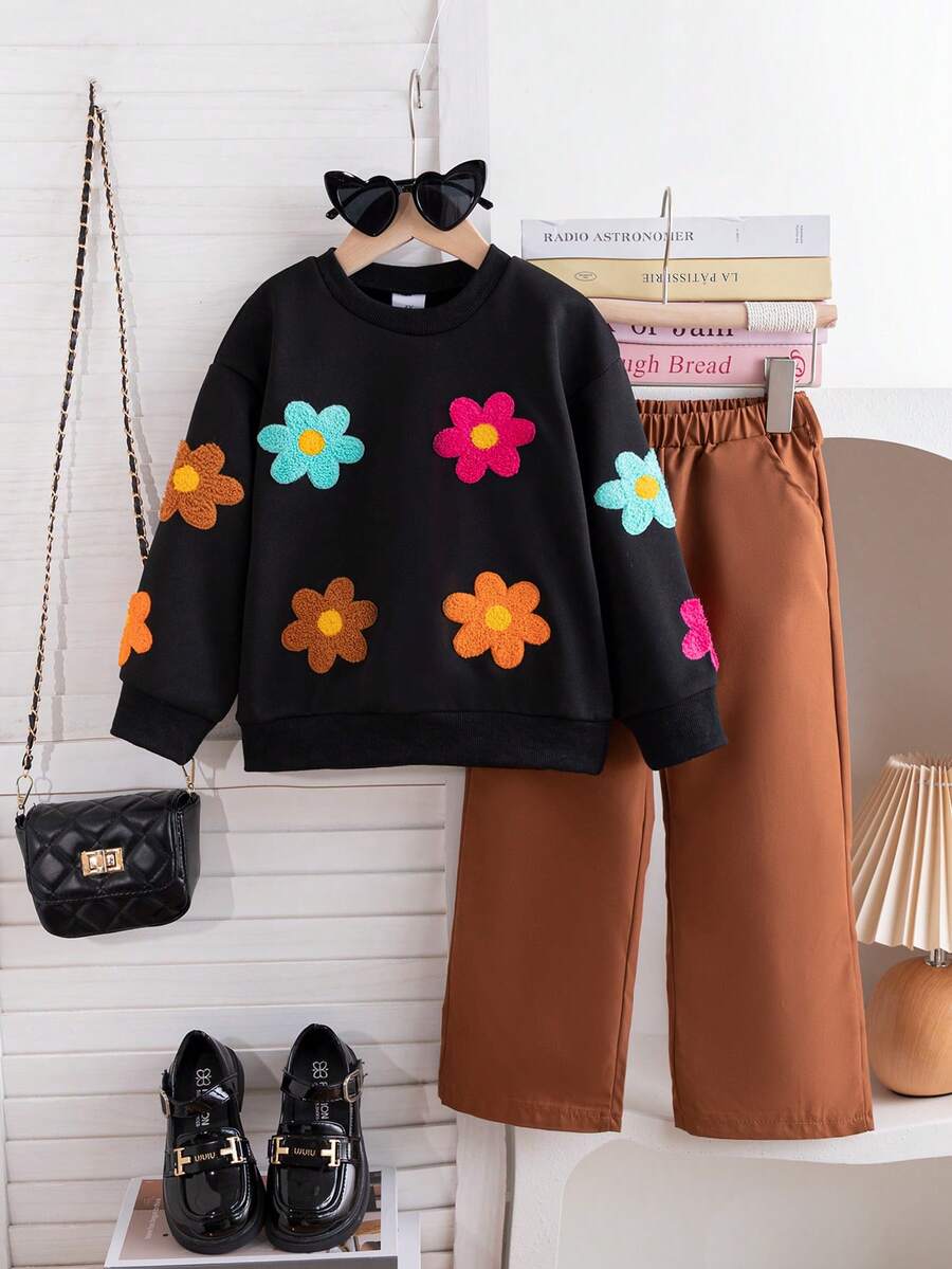 2pcs Young Girl Casual Floral Print Long Sleeve Crew Neck Black Sweatshirt And Khaki Straight Leg Pants Set, Suitable For Daily, School, Outdoor, Commuting, Sports