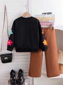 2pcs Young Girl Casual Floral Print Long Sleeve Crew Neck Black Sweatshirt And Khaki Straight Leg Pants Set, Suitable For Daily, School, Outdoor, Commuting, Sports